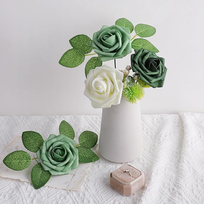 AmyHomie 25pcs Real Looking Artificial Shades of Forest Roses w/Stem for DIY Wedding Bouquets Centerpieces Arrangements Party Baby Shower Home Decorations