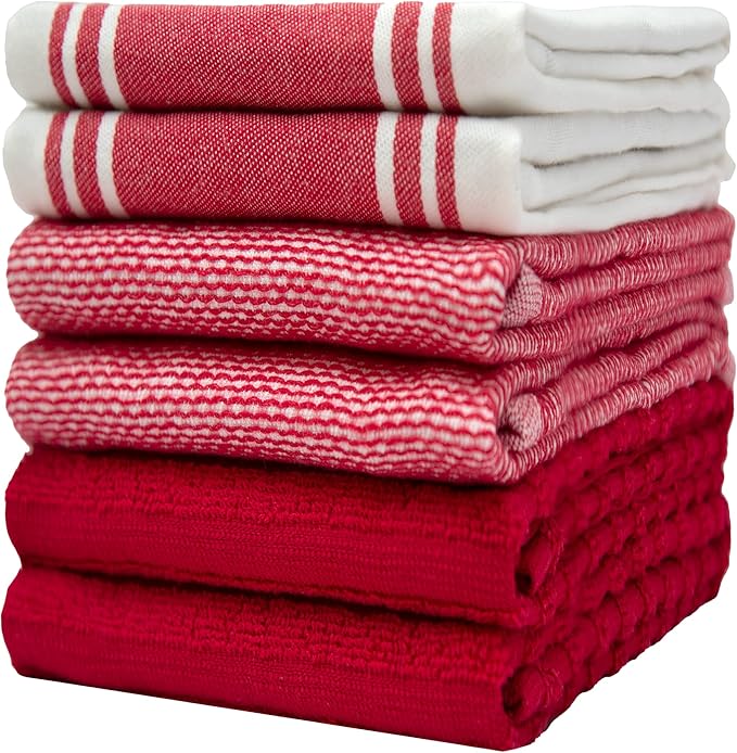 Premium Kitchen Towels (20”x 28”, 6 Pack) – Large Cotton Kitchen Hand Towels – Flat & Terry Towel – Highly Absorbent Tea Towels Set with Hanging Loop (Wide Stripe Red)