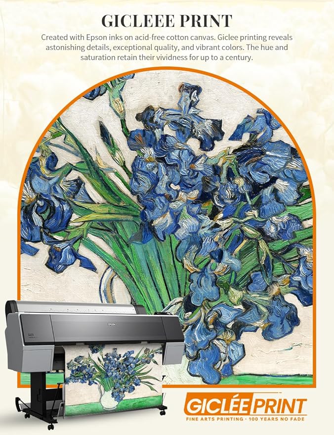 DECORARTS - Vincent van Gogh's Vase with Irises (1889), Museum-Quality Giclee Canvas Print in Silver Solid Wood Frame, 34.75 x 28.75 in, Ready to Hang, Made in USA