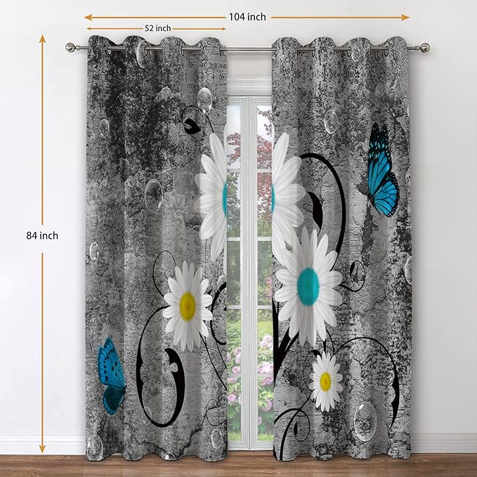 Jekeno Floral Blackout Curtains White Wild Chrysanthemum Flower Butterfly Home Bedroom Living Room Decor Plant Theme Darkening Grommet Window Drapes 2 Panel Set, 52"x84"