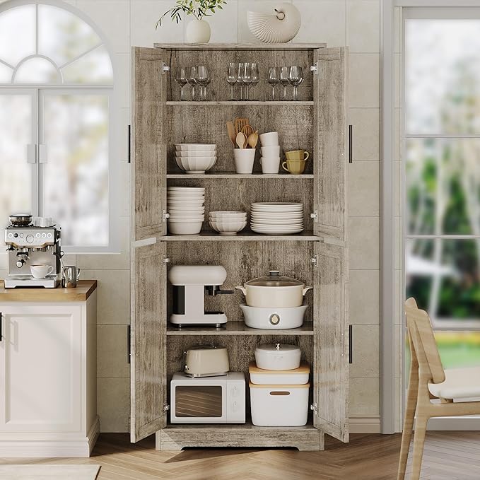 GarveeHome 70 Inch Tall Kitchen Pantry Cabinet, Freestanding Storage Cabinet with 4 Doors and Adjustable Shelves, Utility Hutch Cupboard for Dining Room, Bathroom, Living Room (Style A, Gray)
