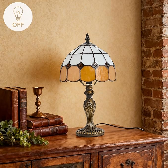 Tiffany-Style 8 Inch Table Lamp Mediterranean Series Stained Glass Lampshades Small Bedside Lamp Reading Antique Desk Light Livingroom Bedroom Office Vintage Art Deco Victorian(Color:Orange)