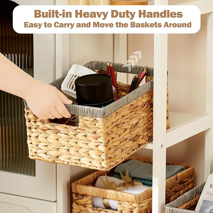 Wicker Storage Basket 2 Pack, Water Hyacinth Storage Baskets with Built-in Handles, Large Wicker Baskets for Storage & Organizing, Natural with Grey