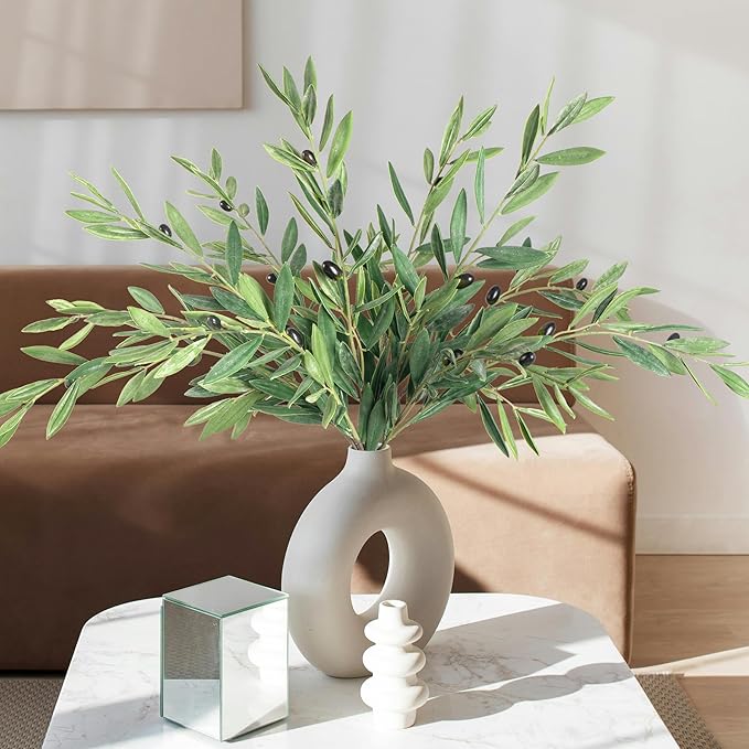 Faux Plants Olive Leaves Stems Artificial Plants Olive Tree Branches for Small Vase Tabletop Greenery Decor for Home Decor Office Wedding Party Decor 27.5” （4pcs）