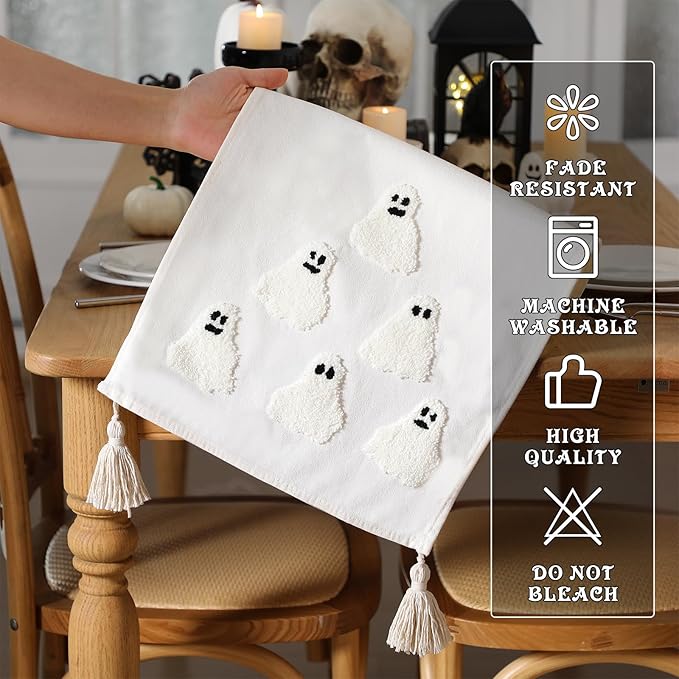 Breling Halloween Ghost Table Runner Jacquard Cute Ghost Halloween Dinner Table Runner Fall Autumn Kitchen Dining Decoration for Kitchen Farmhouse Holiday Party Home Decor 13x72 Inch(Beige)