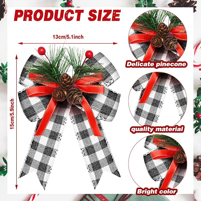 Syhood 6 Pcs Christmas Bows with Pine Cones Pine Needles Xmas Plaid Bows Black White Ribbon Christmas Tree Wreath Decoration for Xmas Parties Indoor Outdoor Crafts DIY Decor
