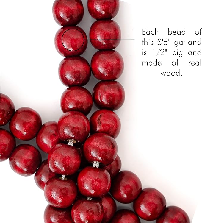 Ornativity Wooden Christmas Garland Decorations - Rustic Wood Beaded Christmas Tree Decorations Garland Bead Strand Xmas Holiday Decor (Cranberry Red) 8'6"