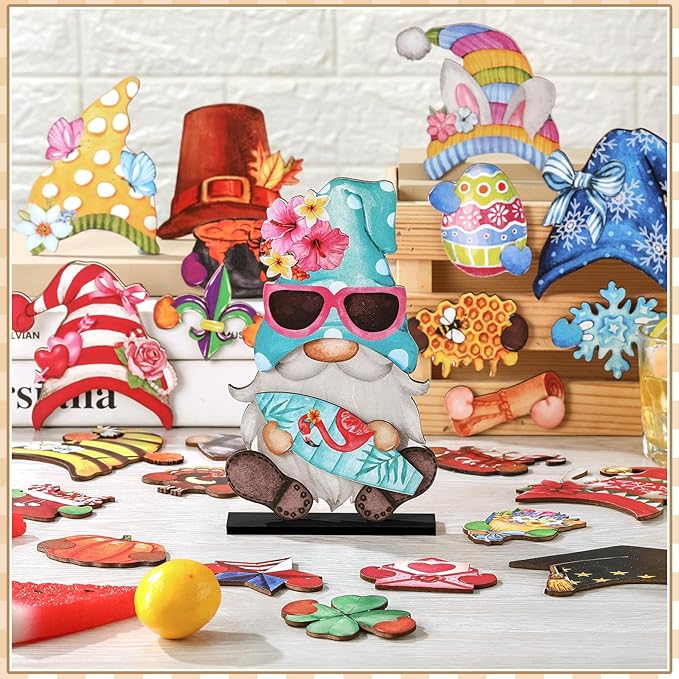 Blulu Interchangeable Wooden Gnome Decor DIY Holiday Seasonal Fall Gnomes Halloween Tiered Tray Decoration with Magnet Pieces Halloween Welcome Sign for Holiday Decorations(Retro Watercolor)