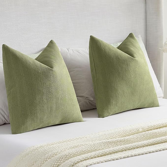 FUTEI Moss Green Chenille Decorative Throw Pillow Covers 26x26 Inch Set of 2,Soft Cozy Striped Geometric Patterns Euro Pillow Sham,Modern Home Decor for Couch Bed Living Room
