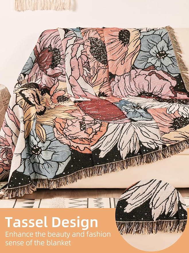 Boho Throw Blanket for Bed Couch Sofa Reversible Cotton Bohemian Travel Boho Quilt Mexican Muslin Blanket Tapestry Hippie Room Decor Outdoor Blanket Double Sided (Boho Flower Dark 70"x90")