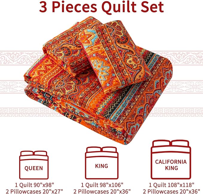VAPUTAR Quilt California King Size Bedding Set - Cotton California King Quilt (108 * 118 Inch) - Boho Lightweight Reversible Oversized Bedspread for Farmhouse Bedroom (Red/Orange), 3 Pieces