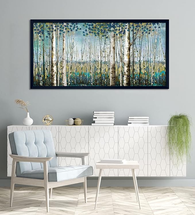 Pogusmavi Large Framed Birch Tree Canvas Wall Art Nature Painting for Home Decor | Teal Artwork for Living Room, Bedroom, and Office Pictures for Living Room 29×58IN