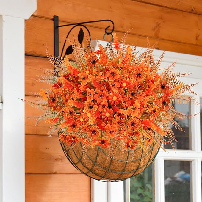 24 Pcs Artificial Fake Fall Flowers UV Resistant Faux Orange Mums Plants Arrangement for Outdoors Home Garden Window Porch Decor