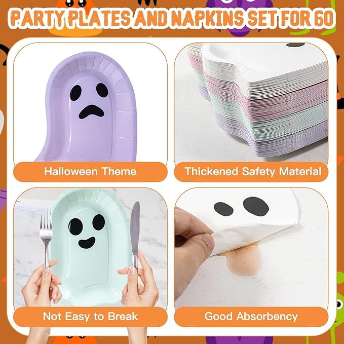 180Pcs Halloween Ghost Party Supplies Paper Plates and Napkins Serve 60 Disposable Tableware Set for Halloween Birthday Party Decorations Family School Holiday Events