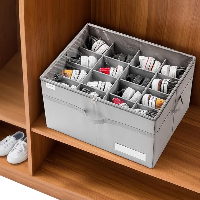 LUVHOMEE Shoe Organizer for Closet, Fits 16 Pairs, Large Shoe Box Storage Containers, Clear Foldable Shoe Storage Bins w/Bottom Support, Space Saving Shoes Holder w/Reinforced Handles, Gray