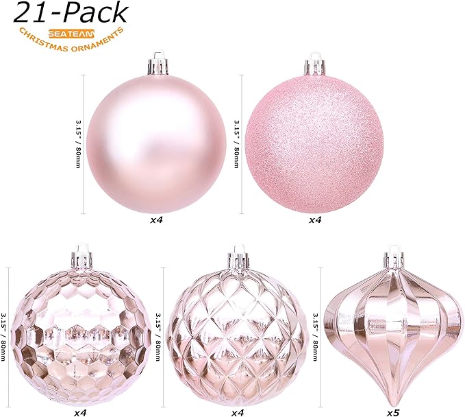 Sea Team 21-Pack Christmas Ball Ornaments with Strings, 80mm/3.15-Inch Large Size Baubles, Shatterproof Plastic Christmas Bulbs, Hanging Decorations for Xmas Tree, Holiday, Wedding, Party, Pink