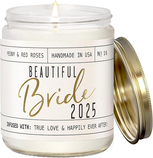 Bridal Shower Gifts, Bride Gifts for Bride to Be - 'Beautiful Bride 2025' Soy Wedding Candle, w/Peony Wedding Bouquet - infused w/Essential Oils I Bachelorette Gifts for Bride I 50Hr Burn, USA Made