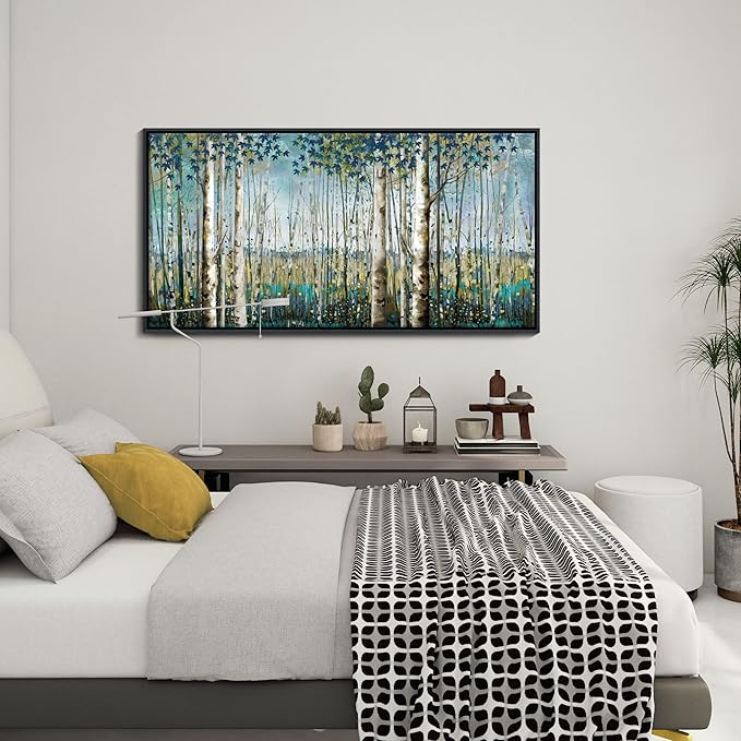 Pogusmavi Wall Art - Large Birch Tree Canvas Painting for Home Decor | Framed Artwork for Living Room, Bedroom, and Office | Teal Wall Art Decoration 24x48 Inch