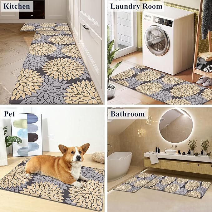 HEBE Anti Fatigue Kitchen Rug Sets 2 Piece Non Slip Kitchen Mats for Floor Cushioned Kitchen Rugs and Mats Waterproof Comfort Standing Mat Runner for Kitchen,Home Office,Sink,Laundry