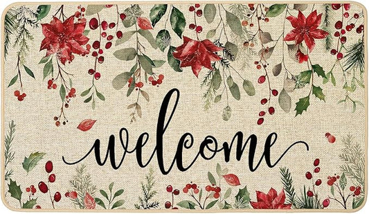 ORTIGIA Welcome Christmas Poinsettia Doormat Indoor Outdoor, Winter Holly Berry Patio Door Mats Non-Slip Durable Door Mat for Home Entrance, Outside Entry, Yard, Floor, Patio 17x29.5 Inch