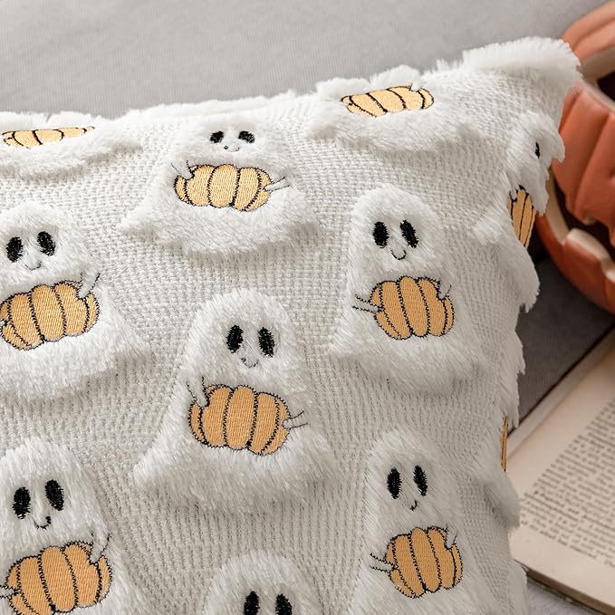 MIULEE Halloween Pillow Covers Decorative Fall Cute Ghost Plush Faux Fur Pillows 20x20 Inch Set of 2 Soft Pumpkin Accents for Sofa Couch Bed Living Room Festive Home Decor, White Orange