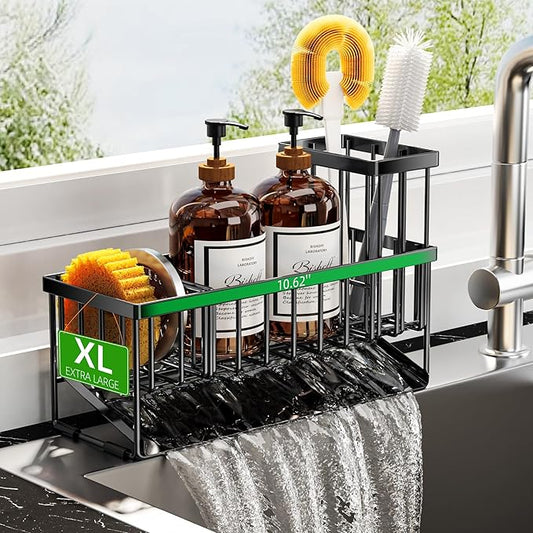 Cisily Extra Large Kitchen Sink Caddy Organzier with High Brush Holder, Sponge Holder for Sink, 304 Rustproof Stainless, Kitchen Countertop Soap Dispenser Organizer For Decor and Accessories