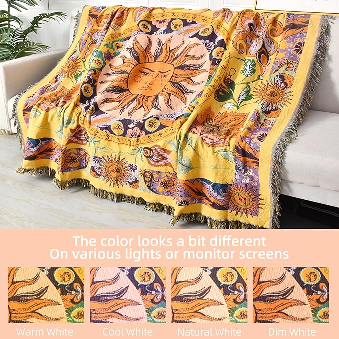 Boho Throw Blanket Reversible Cotton Bohemian Tapestry Hippie Room Decor Outdoor Blanket Double Sided (National Sun Pattern Yellow 50"x60")
