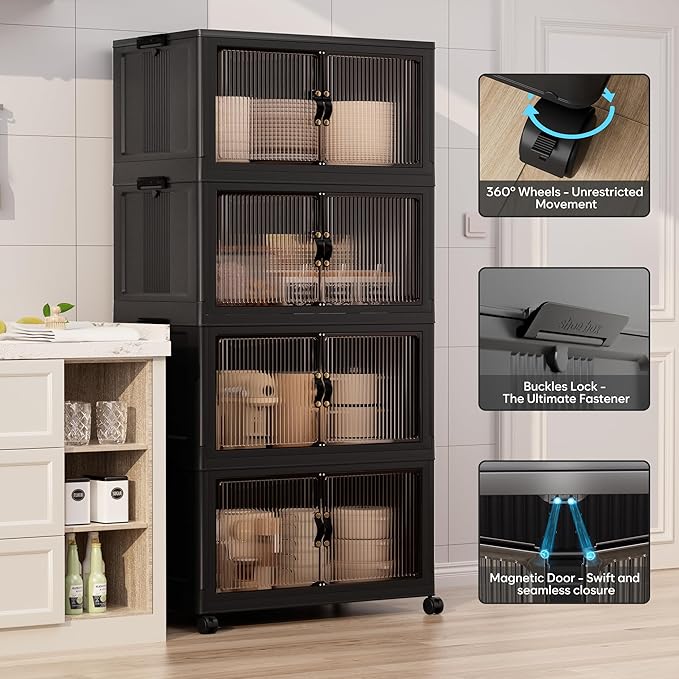 Jalove 30Gal Large Storage Bins with lids, 120QT Plastic Stackable Storage Containers with Wheels, Collapsible Closet Organizer and Storage Drawers,Clothes Organization for Cabinet Home, 1Pack Black