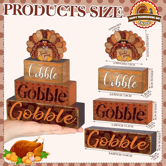 4 Pcs Thanksgiving Fall Decor for Home Cute Turkey Wooden Signs with Sayings Thanksgiving Fall Tiered Tray Decor Turkey Tabletop Centerpiece Gobble Block Signs for Office Kitchen Shelf