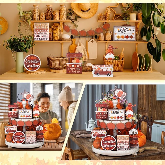 Amyhill 13 Pcs Fall Thanksgiving Tiered Tray Decor Set Pumpkin Maple Gnome Wooden Signs Hello Fall Table Centerpieces Farmhouse Tabletop Decorations for Home Autumn Harvest Shelf Table