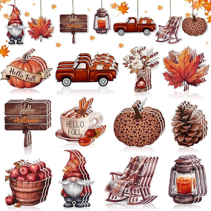 36Pcs Fall Tree Ornaments,Fall Thanksgiving Wood Ornaments for Autumn Decorations with String Fall Decorations for Home Tree Office