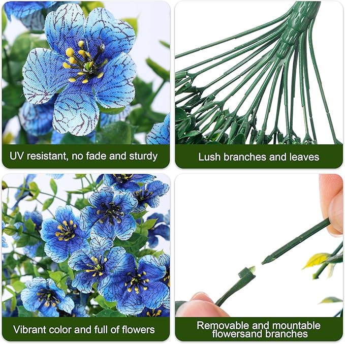 Artificial Faux Hanging Flowers Plant for Fall Outdoor Outside Decoration, 2 PCS Fake Silk Violets with Eucalyptus UV Resistant Realistic Daisy Trailing Vines for Balcony Yard Patio Porch Planter,Blue