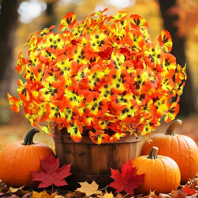 16 Bundles Artificial Fall Flowers for Outdoors, Realistic No Fade Fake Silk Flowers, Faux Fall Plants for Outside Planters, Porch, Patio, Garden Decor(Sunset)
