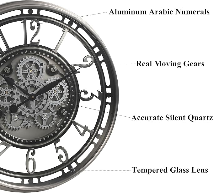 CLXEAST 28 Inch Large Industrial Moving Gear Wall Clock for Living Room Decor, Modern Farmhouse Decorative Clock for Dinning Room,Gunmetal Silver,House Warming Gifts New Home