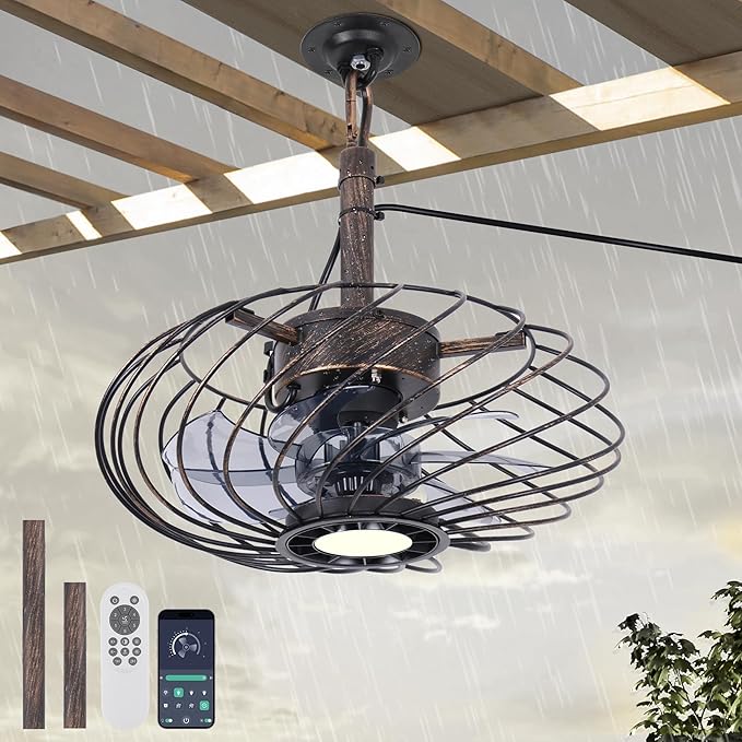 15" Outdoor Ceiling Fan with Light, Waterproof Gazebo Fan Remote Control, Dimmable LED Light, Hanging Black Caged Ceiling Fixtures with Plug in Cord for Patios Pergola, Black Gold