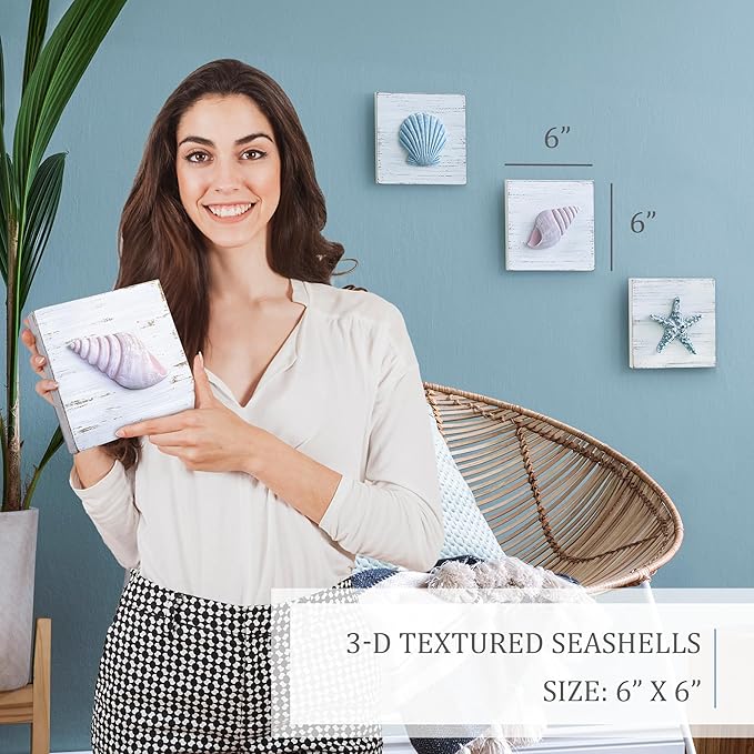 TideAndTales 3D Beach Wall Art - Seashell with Starfish for Coastal Bathroom Decor, Ocean Inspired Decor for Bathroom, Coastal Bedroom, Living Room or Beach House, Set of 3 (6”x 6”)