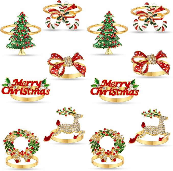 KPOSIYA Christmas Napkin Rings Set of 12,Napkin Rings Holders for Christmas Dinning Table Setting-Wedding Receptions, Christmas, Thanksgiving and Home Kitchen for Casual or Formal (Hun he Ring 12)