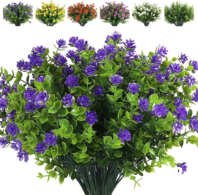 RECUTMS Artificial Flowers Outdoor Plastic 8 Branches Faux Plastic Corn-Flower Greenery Shrubs Plants Indoor Outside Hanging Planter Kitchen Home Wedding Office Garden Decor (Purple)