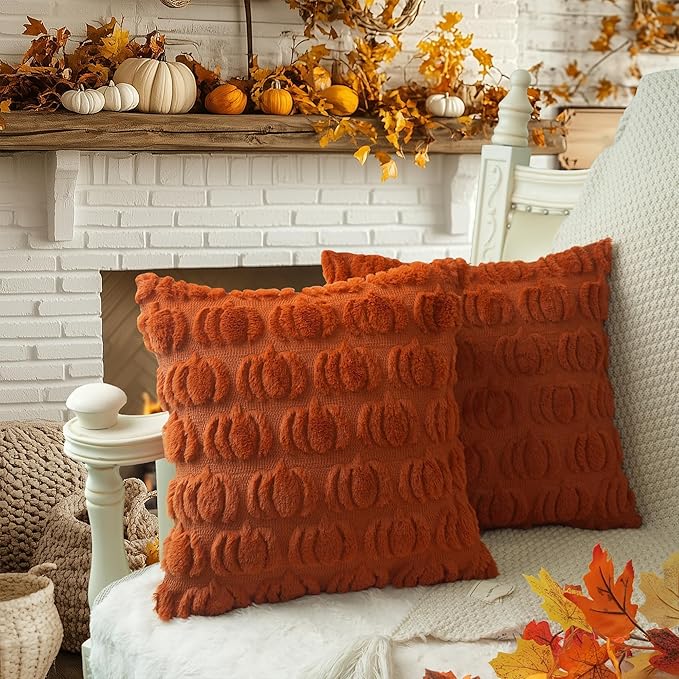 GEEORY Fall Pumpkin Throw Pillow Covers 20x20 Inch Set of 2, Autumn Soft Plush Faux Fur Wool Decorative Farmhouse Holiday Cushion Case for Home Decoration (Rust) GC001-20