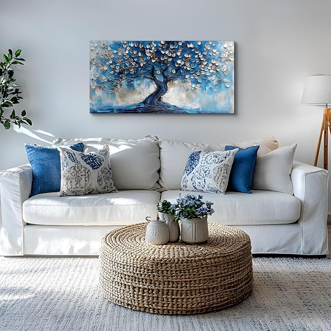 crmotu Tree of Life Large Wall Art, Blue Tree Painting Canvas Prints, Modern Abstract Art Room Decorations, Navy Blue Neutral Aesthetic Pictures Wall Decor Living Room Bedroom Bathroom Office 20"X40"