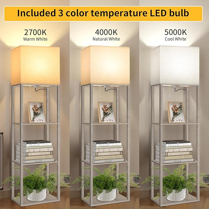 Dott Arts Floor Lamp with Shelves, Wide Floor Lamps for Living Room Display Shelf Lamps with 3 Color LED Bulb,Storage Wood Modern Floor Lamp for Bedroom Standing Lamp for Living Room Office（Grey）