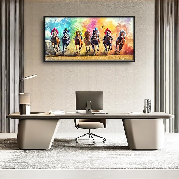 Framed Large Wall Art for Living Room, Horse Racing Canvas Wall Decor, Large Horse Picture Framed Painting, Modern Artwork for Bedroom Office 60L'' × 30W''