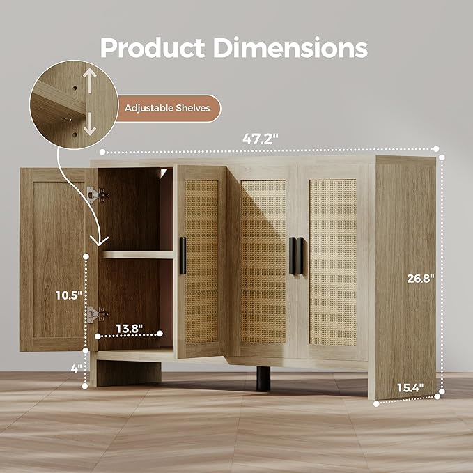 Rattan Buffet Cabinet with Storage, Sideboard with Doors, TV Stand, Farmhouse Side Board Coffee Bar, Modern Wood Storage Cabinets for Livingroom, Kitchen and Dining Room (Oak)