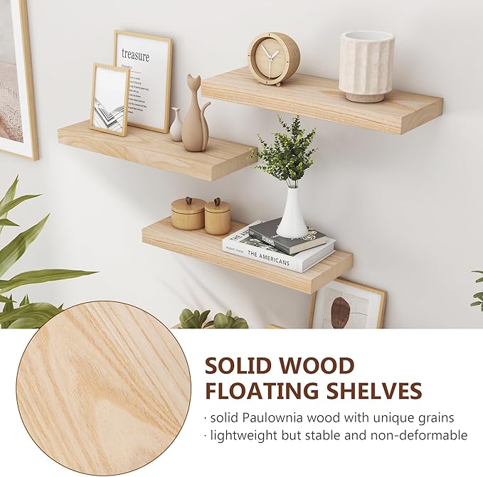 fuqing Natural Wood Floating Shelves - Wood Floating Shelves for Wall Set of 3-17 Inch Wide x 6.7 Inch Deep Natural Wooden Shelves for Living Room Bedroom Home Office