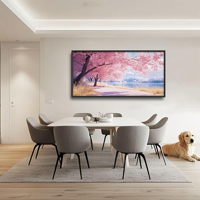 Cherry Blossoms Large Framed Wall Art Pink Tree of Life Pictures Oversized Natural Lake Landscape Wall Decor Spring Canvas Print Painting Modern Artwork for Living Room Bedroom Office Dining Room Home Decor 60L"x30W"