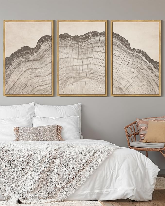 KUVIOKE Boho Vintage Antique Tree Wall Art Framed Neutral Retro Tree Rings Wood Prints Rustic Nature Illustrations Bedroom Living Room 16x24in (Natural Framed)