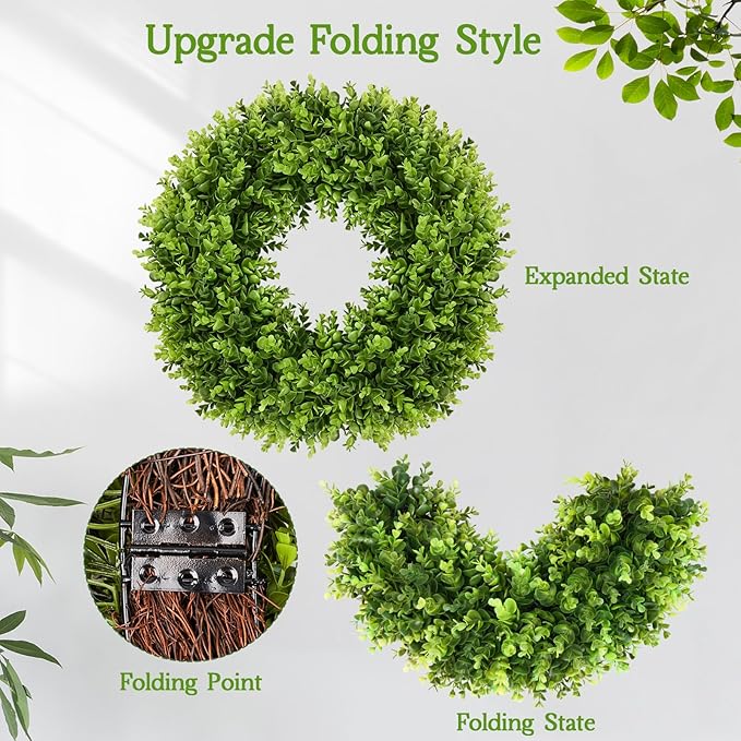 Vlorart 20-Inch Boxwood Wreath, Artificial Boxwood Wreath Front Door Wreaths Artificial Spring Summer Greenery Hanging with A Plaid Bowand Sash for Front Door Wall Hanging