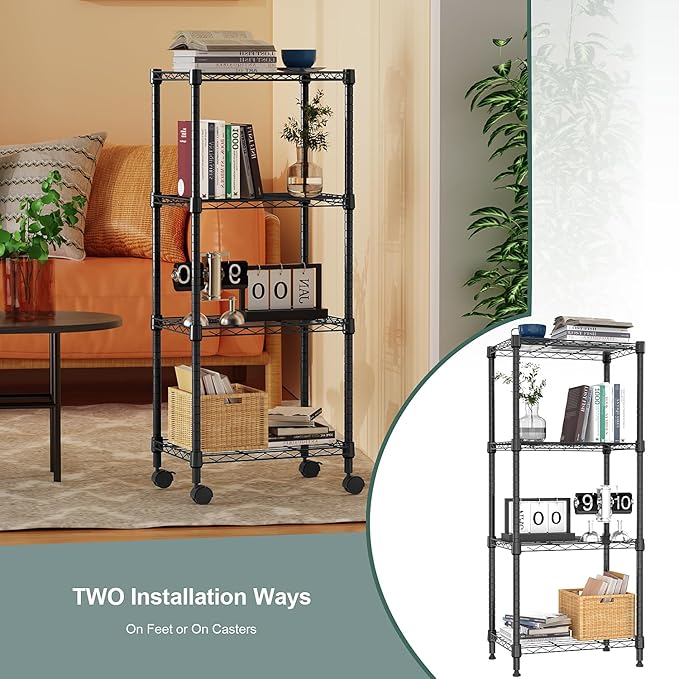 4-Shelf Adjustable Heavy Duty Steel Wire Rack, Adjustable Storage Shelving Unit with Wheel for Kitchen, Garage, Laundry Black 11.8" D x 17.7" W x 40.8" H