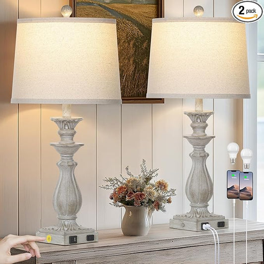28" Farmhouse Table Lamps for Living Room Set of 2, 3-Way Dimmable Touch Bedside Lamps with USB C+A Ports & AC Outlet, Resin Vintage Tall Nightstand Lamps for Bedroom Office End Table, Grey