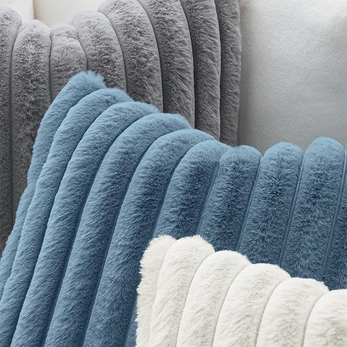 MIULEE Faux Fur Large Decorative Throw Pillow Covers 24x24 Inch Set of 2, Coastal Modern Art Home Decor Soft Plush Couch Pillows Cozy Fluffy Cushion Covers for Sofa Bed Grey Blue